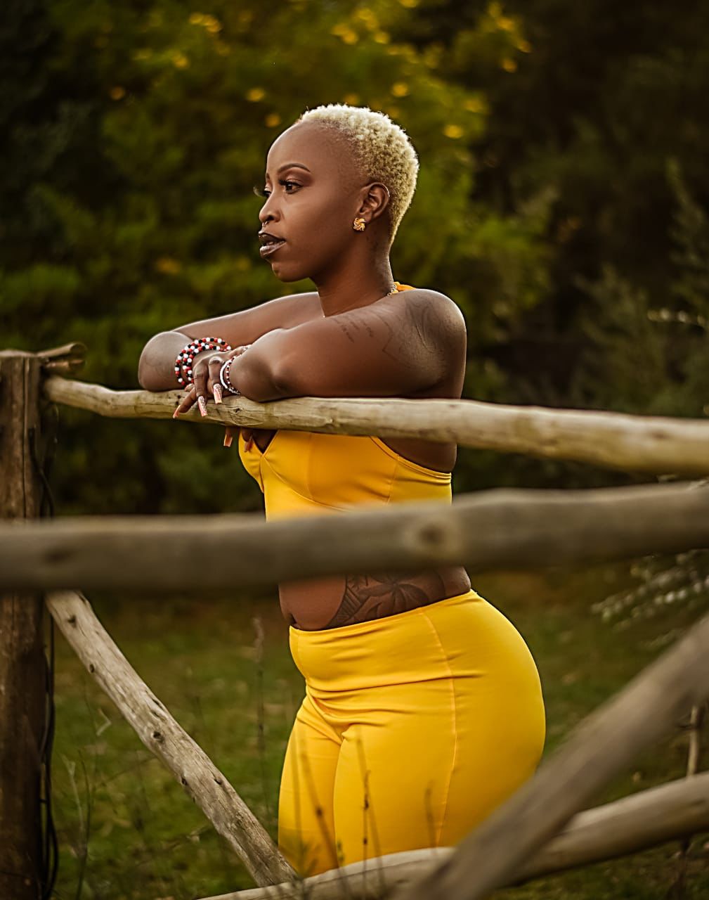 Mizz Gabbzz in yellow outfit by wooden fence